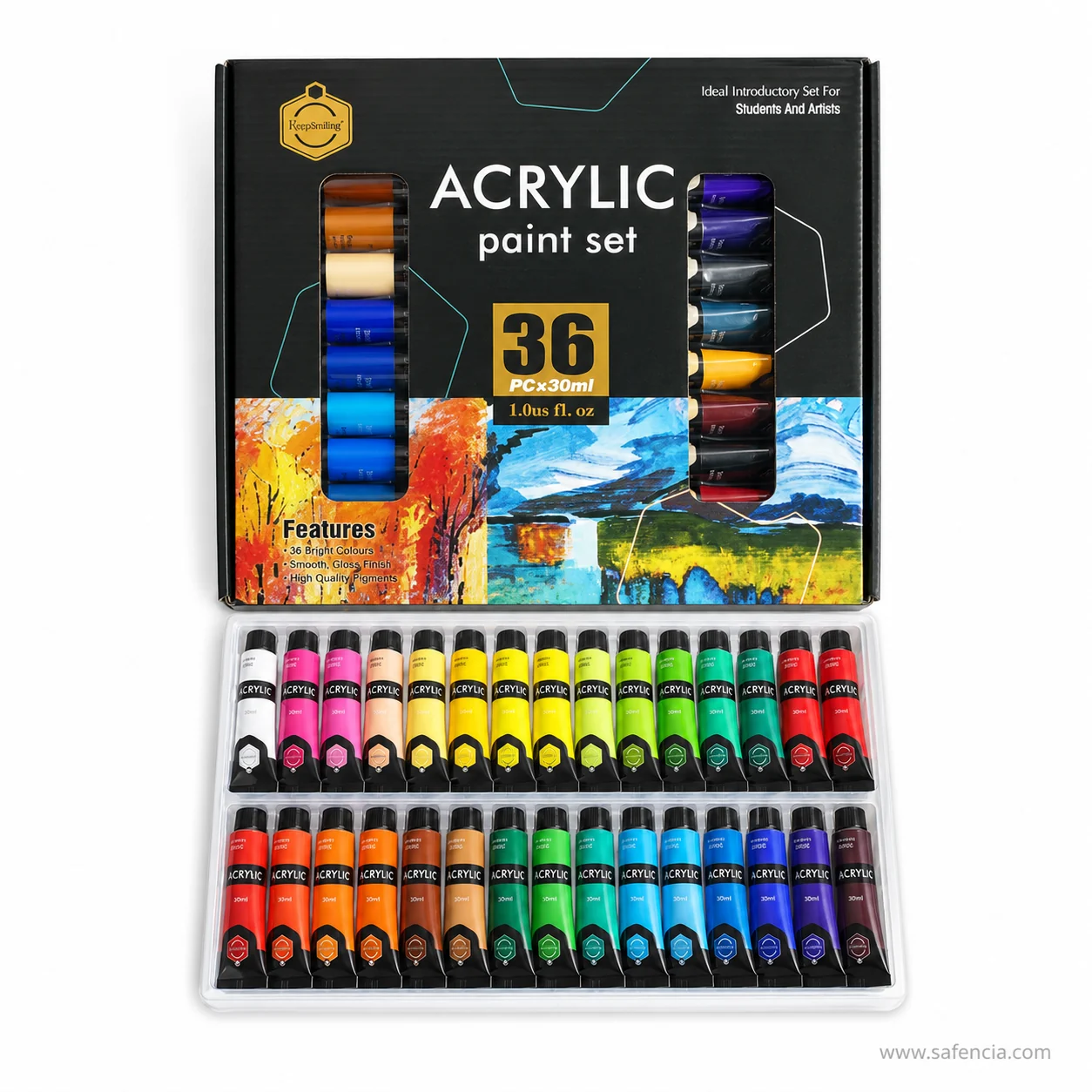 Keep Smiling acrylic 36 colour box above its full two-row tray of thirty-six 30ml tubes