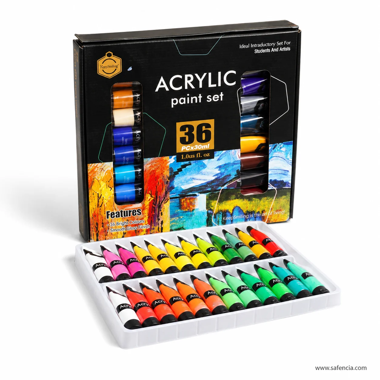 Open Keep Smiling acrylic tray showing thirty-six 30ml tubes arranged by colour family