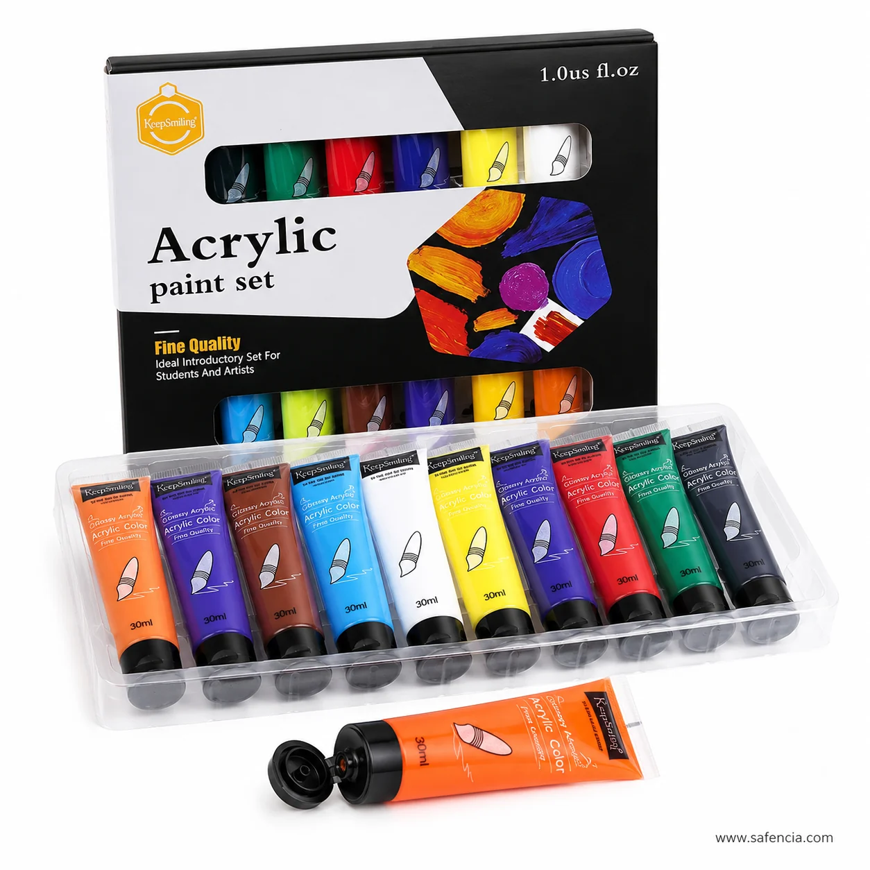 Keep Smiling 30ml acrylic tubes fanned in an arc with one squeezing out yellow paint