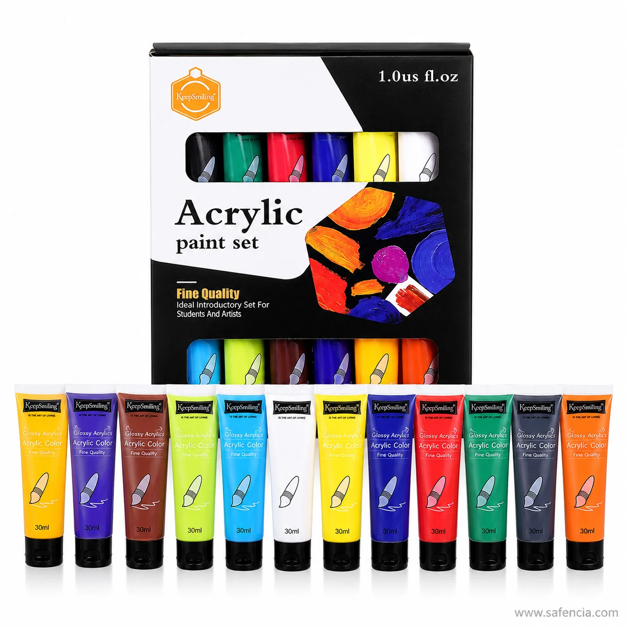 Keep Smiling white acrylic paint set carton beside a clear tray of 30ml tubes