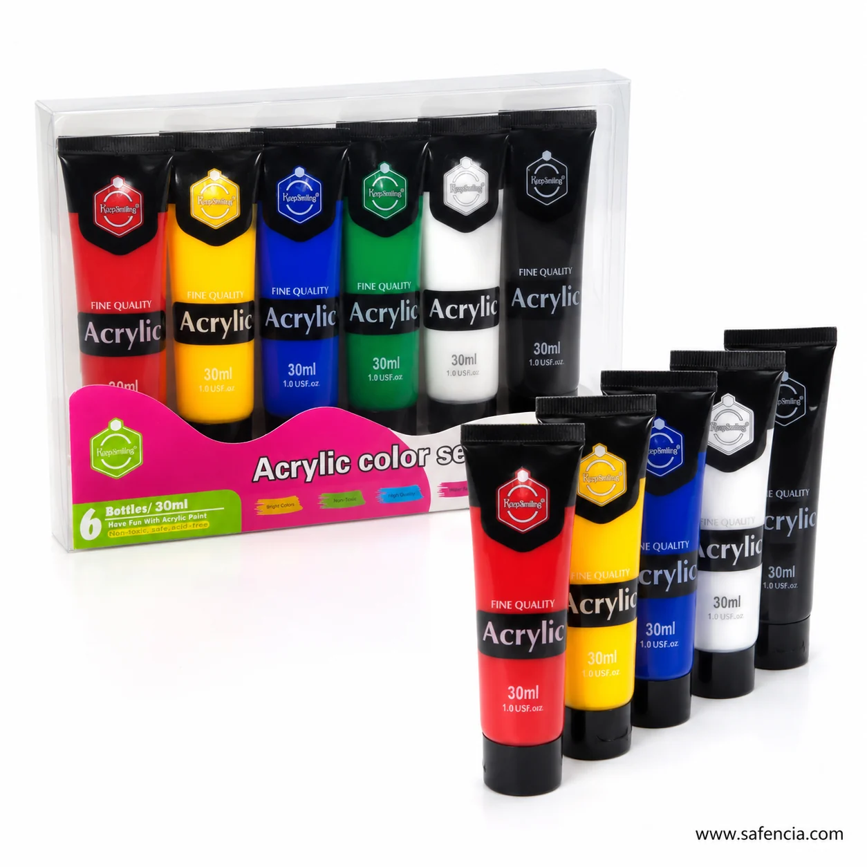 Keep Smiling acrylic 30ml six-tube pack angled with the tubes stepped out in front of it