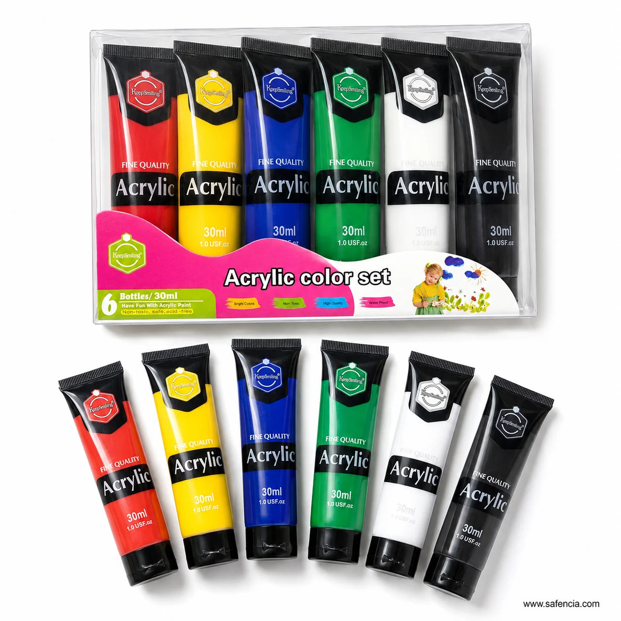 Six Keep Smiling 30ml acrylic tubes fanned out below the clear pack showing the 30ml labels