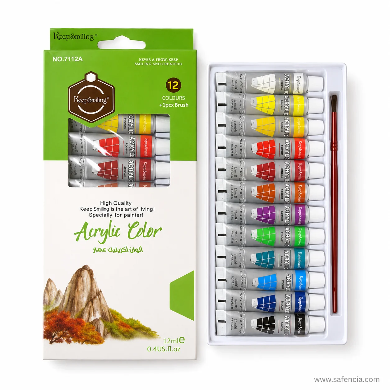 Tray of twelve Keep Smiling acrylic tubes with the brush laid across them and the carton behind