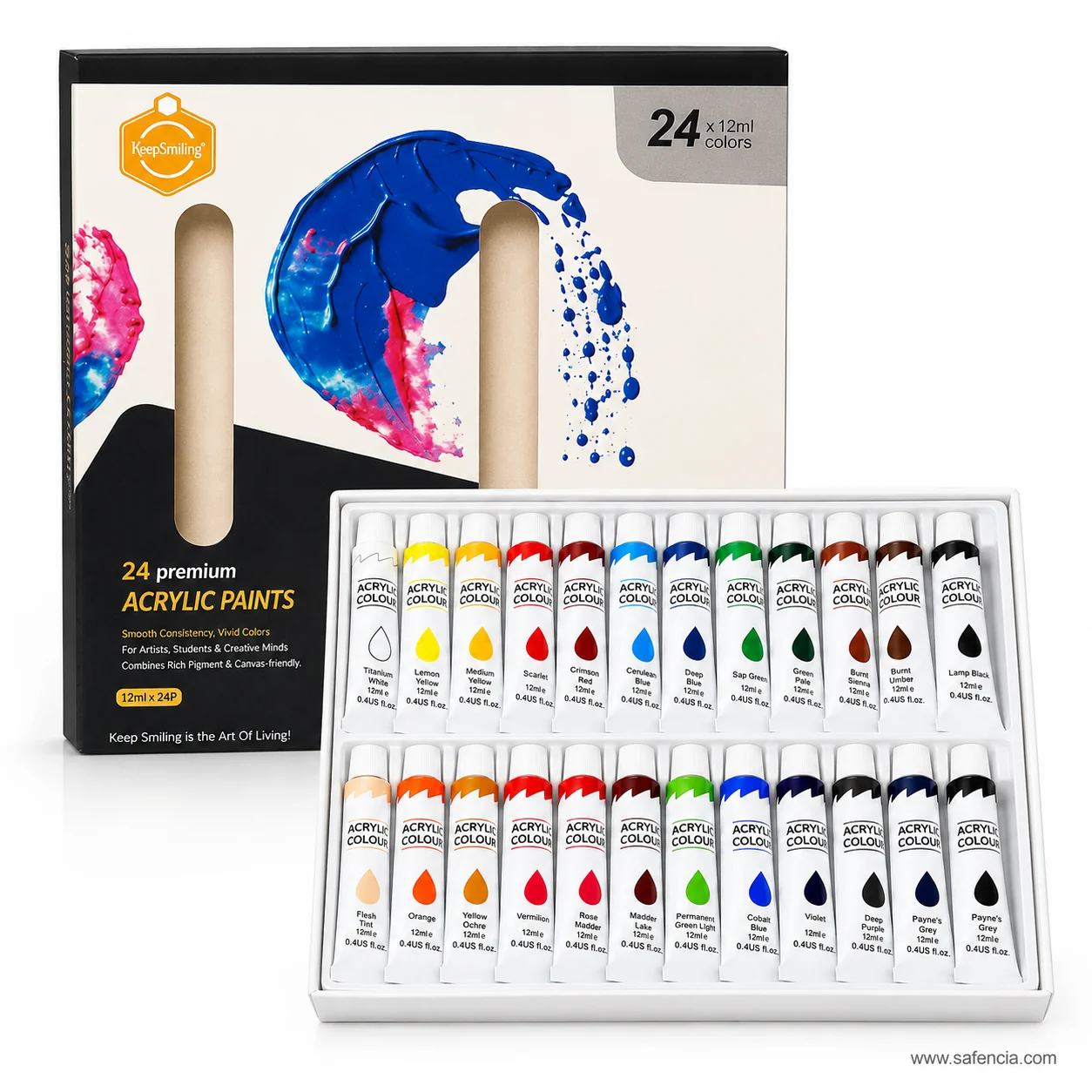Keep Smiling 24 premium acrylic carton front showing the smooth consistency and vivid colors wording