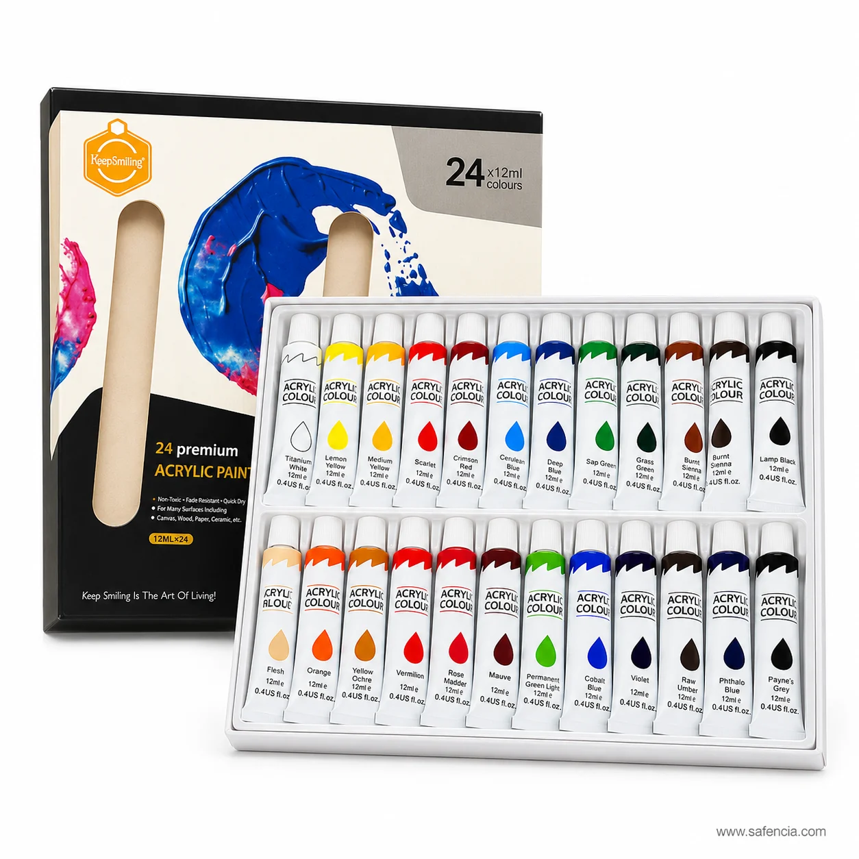 Full tray of twenty-four Keep Smiling acrylic tubes arranged in two rows by colour family