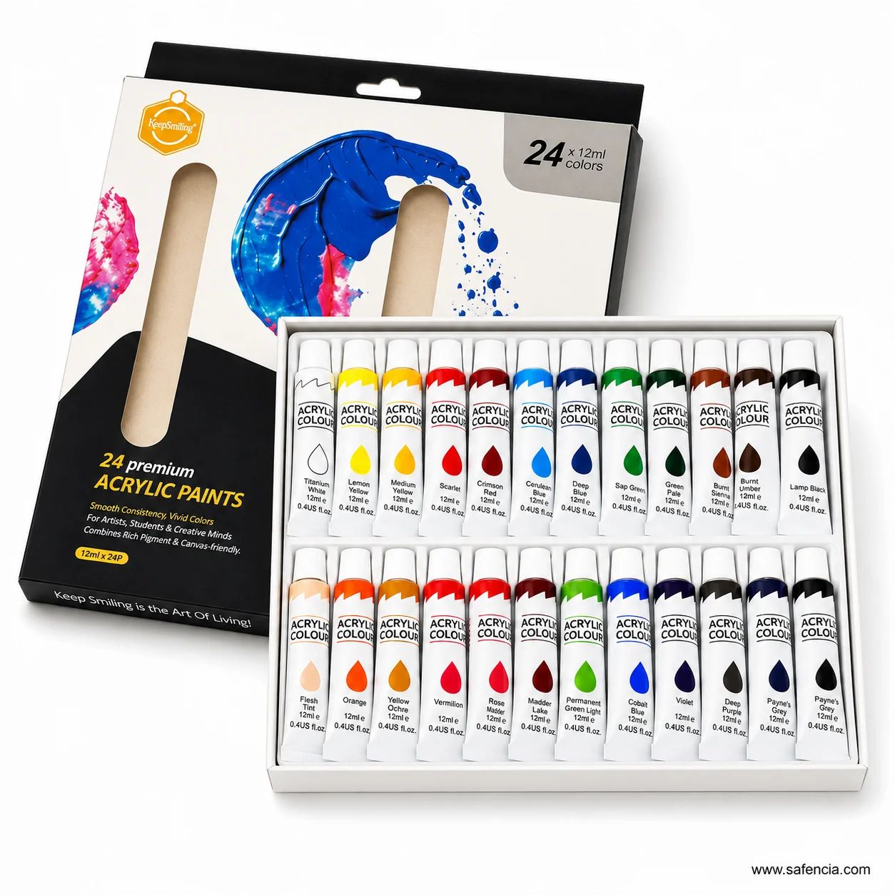 Two rows of Keep Smiling acrylic tubes with colour names printed under each colour swatch