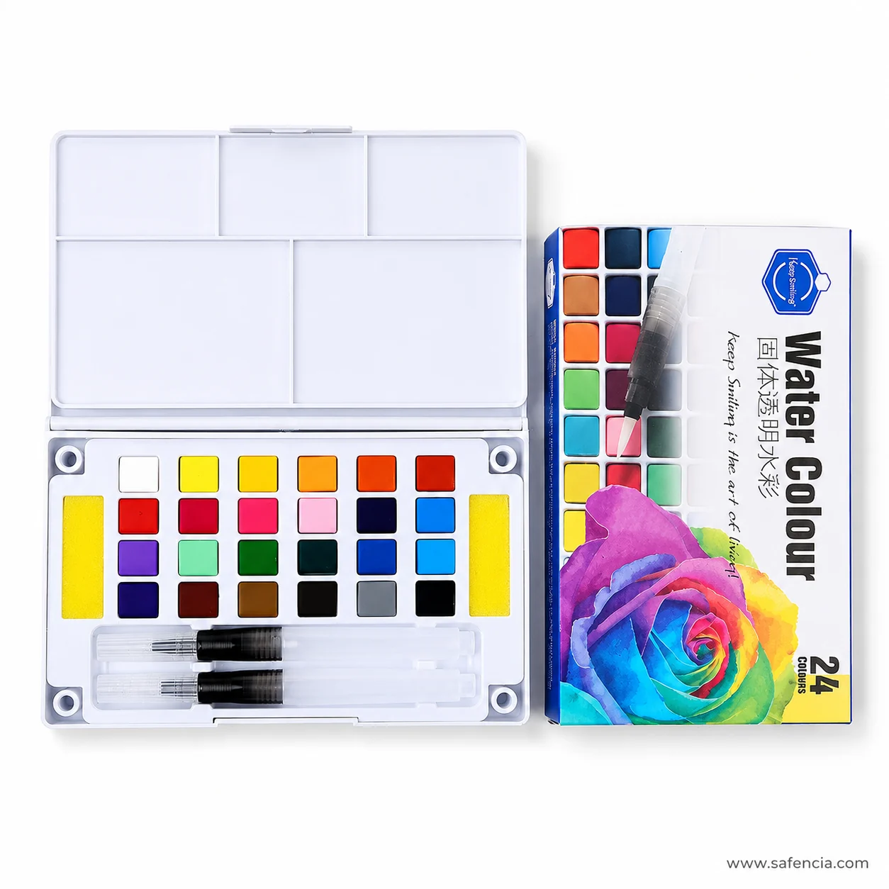 Keep Smiling Aquarelle carton with the rainbow rose photograph beside the open folding palette