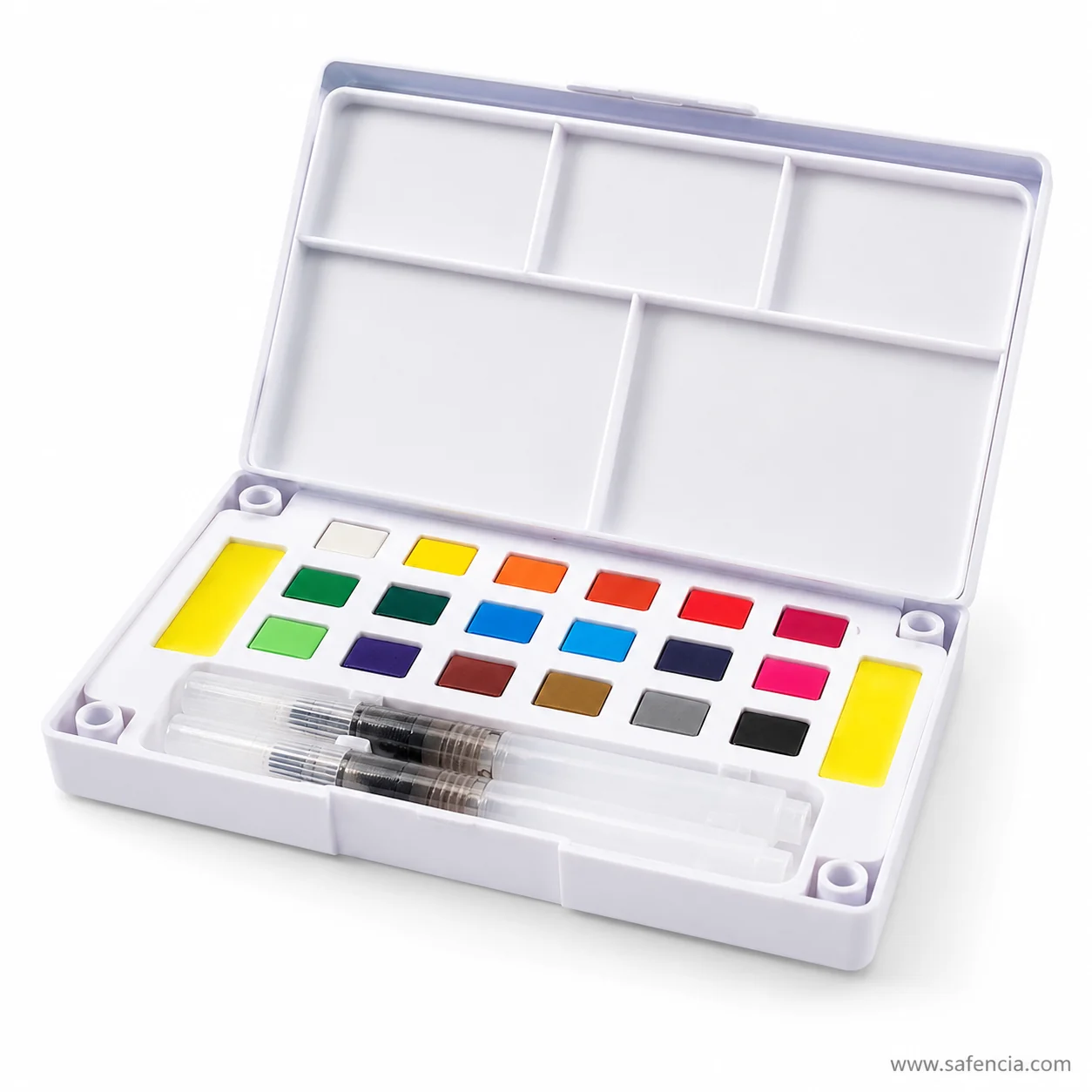 Keep Smiling Aquarelle palette folded fully open into its three parts, lid, pan tray and brush channel