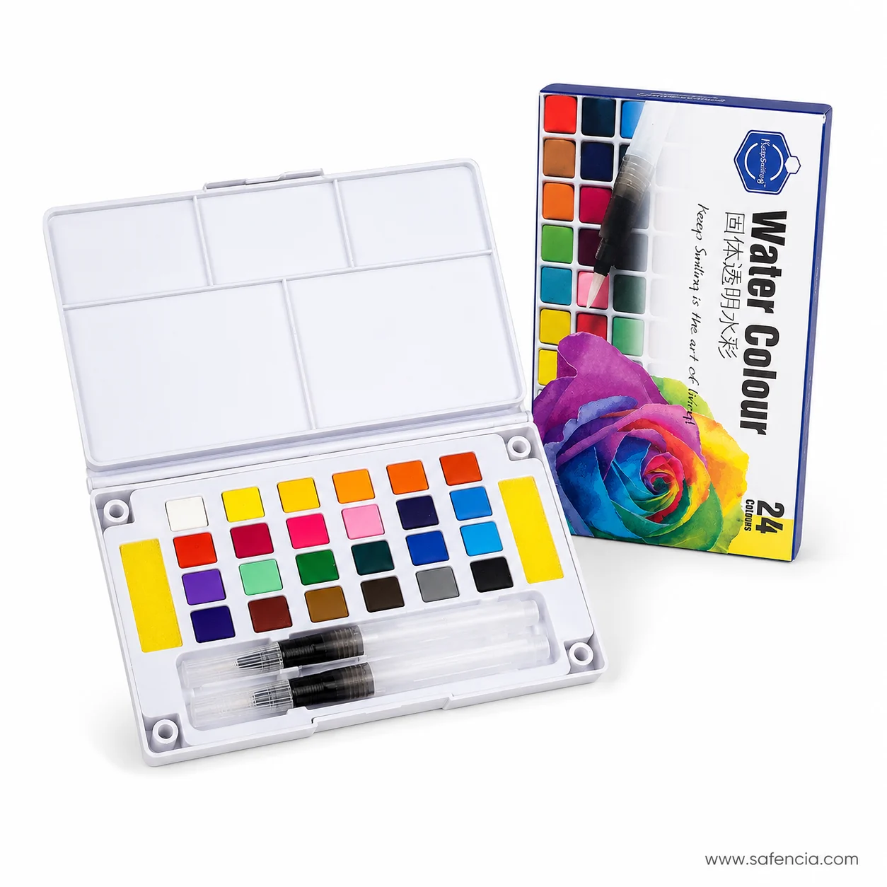Close view of the Aquarelle pan tray with the water brush below it and the yellow sponge strip