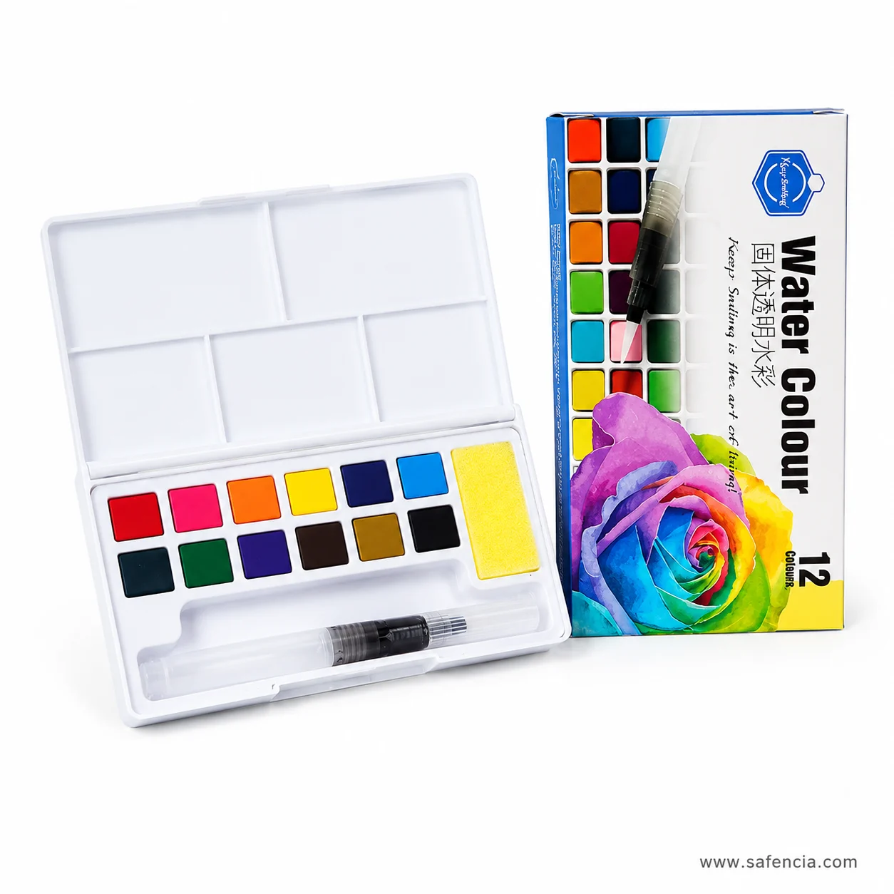 A smaller Keep Smiling Aquarelle palette open beside its carton showing a single bank of pans