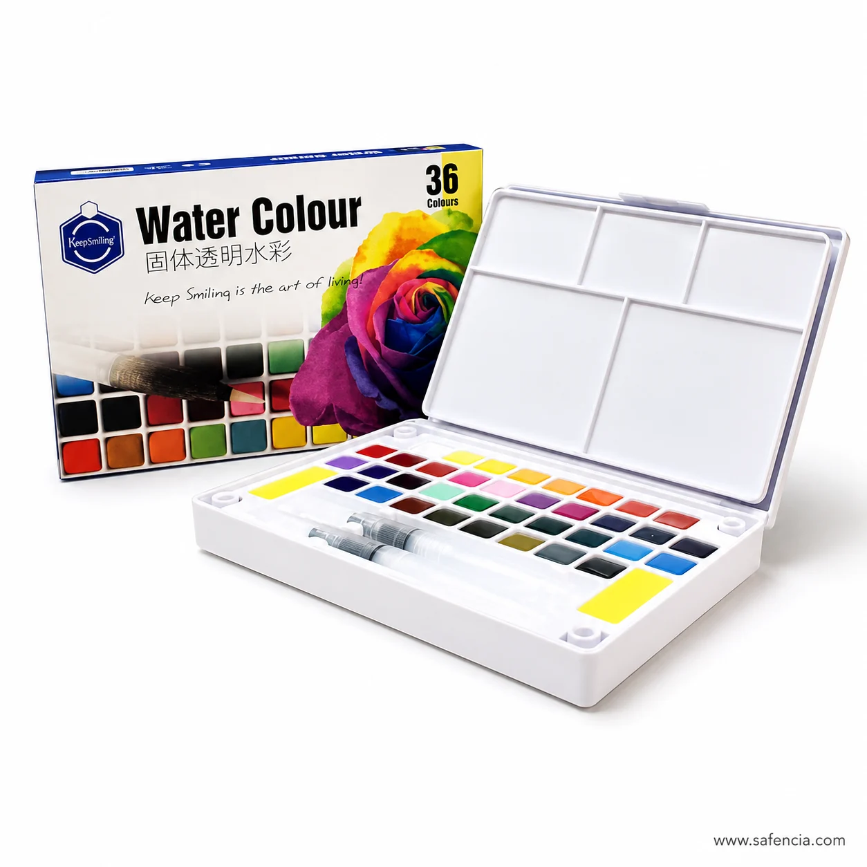 Keep Smiling Aquarelle carton printed Solid Transparent beside the open palette of pans
