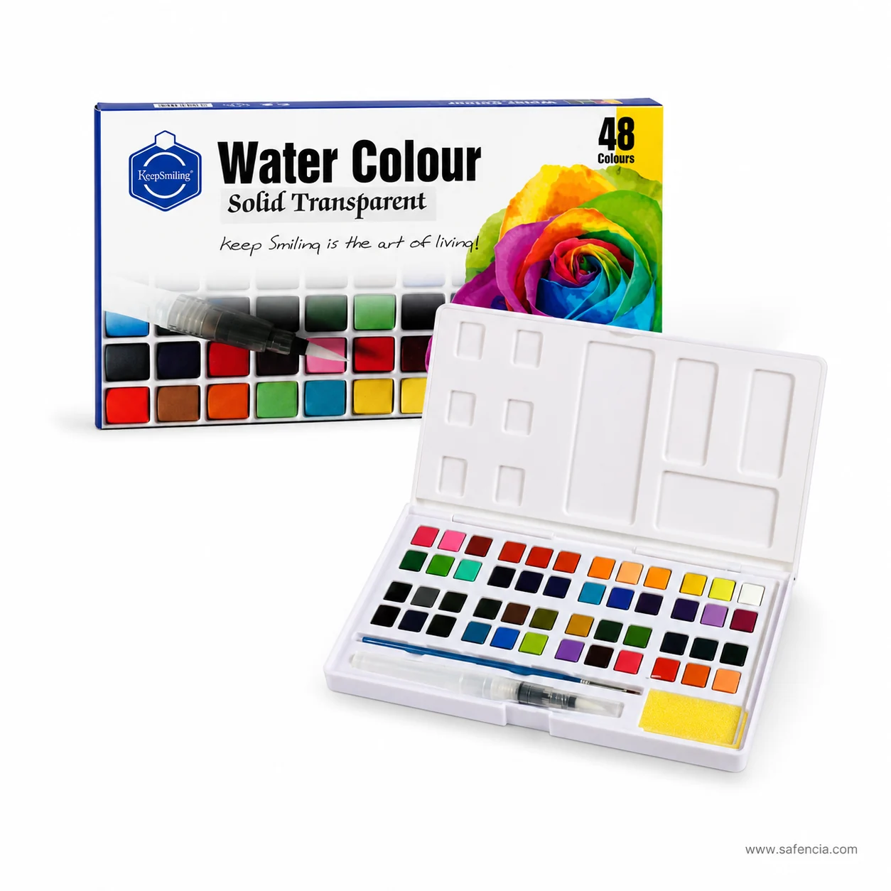 The widest Keep Smiling Aquarelle palette open showing two banks of pans and a larger mixing lid