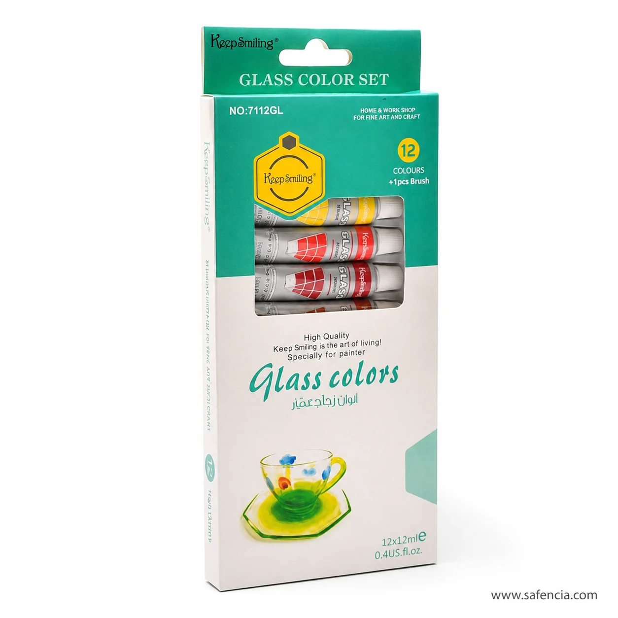 Angled view of the Keep Smiling glass colour carton showing the tubes through its front window