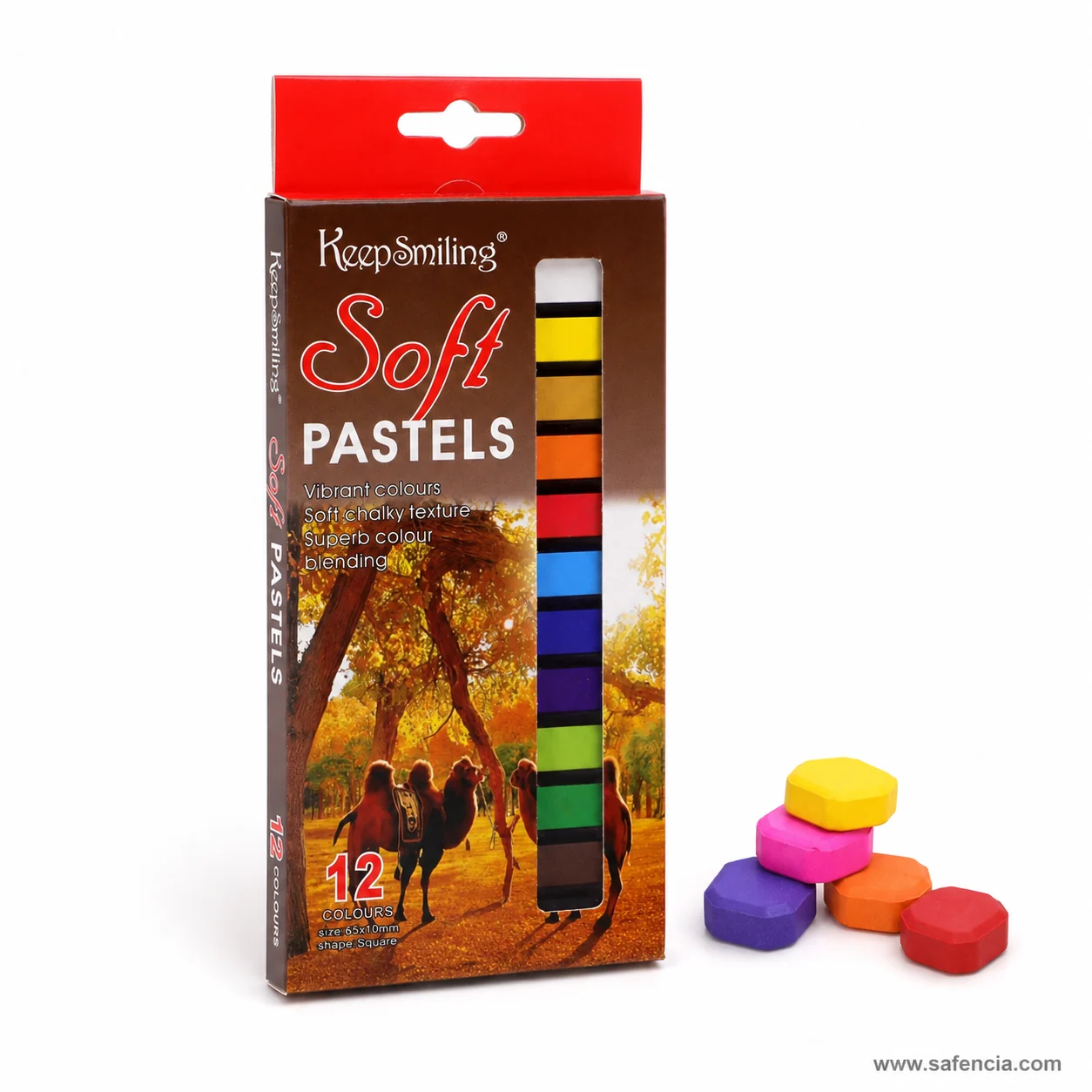 Loose Keep Smiling soft pastel sticks stacked beside the box showing the square section