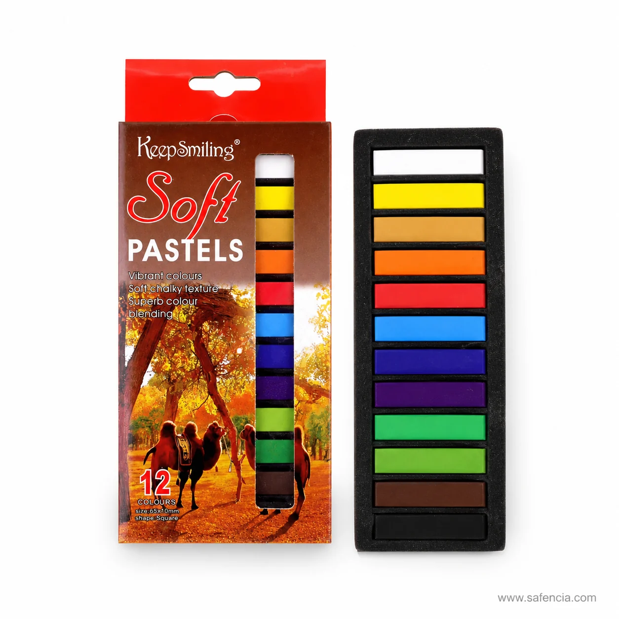 Keep Smiling soft pastel tray open beside the box showing twelve square sticks in moulded compartments