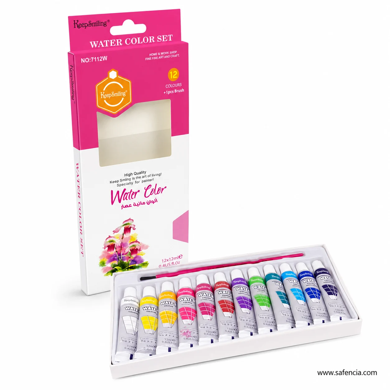 Keep Smiling 12 tube water colour set photographed at an angle with the carton beside the loaded tray