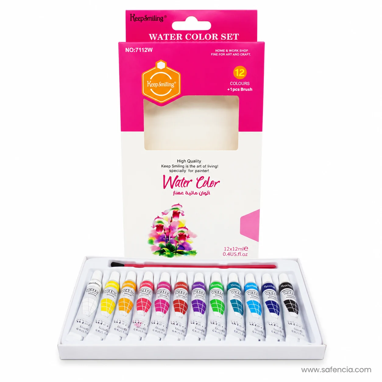 Keep Smiling carton front printed NO:7112W with the 12 COLOURS roundel and the 12x12ml size line