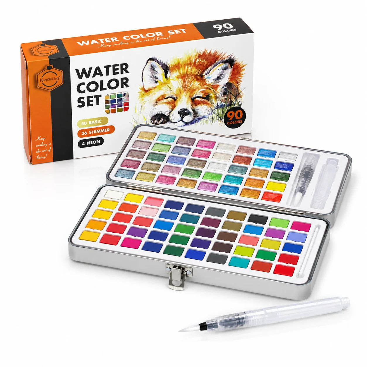 Keep Smiling 90 colour carton showing the 50 BASIC, 36 SHIMMER and 4 NEON flashes beside the tin