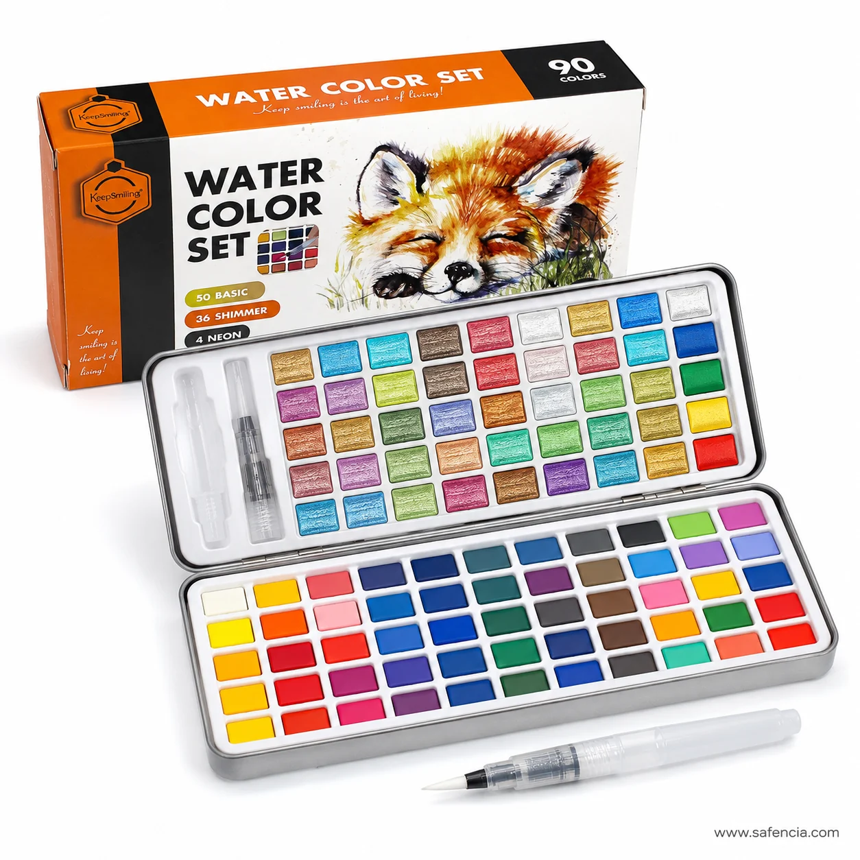 Keep Smiling 90 colour tin open at an angle showing the shimmer row and a refillable water brush
