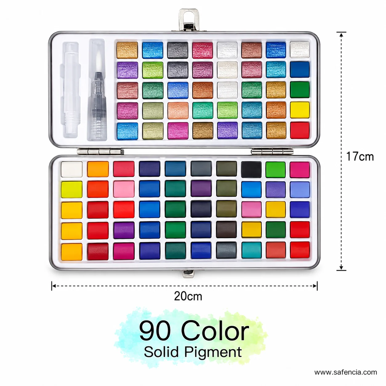 Overhead view of both Keep Smiling 90 colour trays with the tin measured at 20 cm by 17 cm