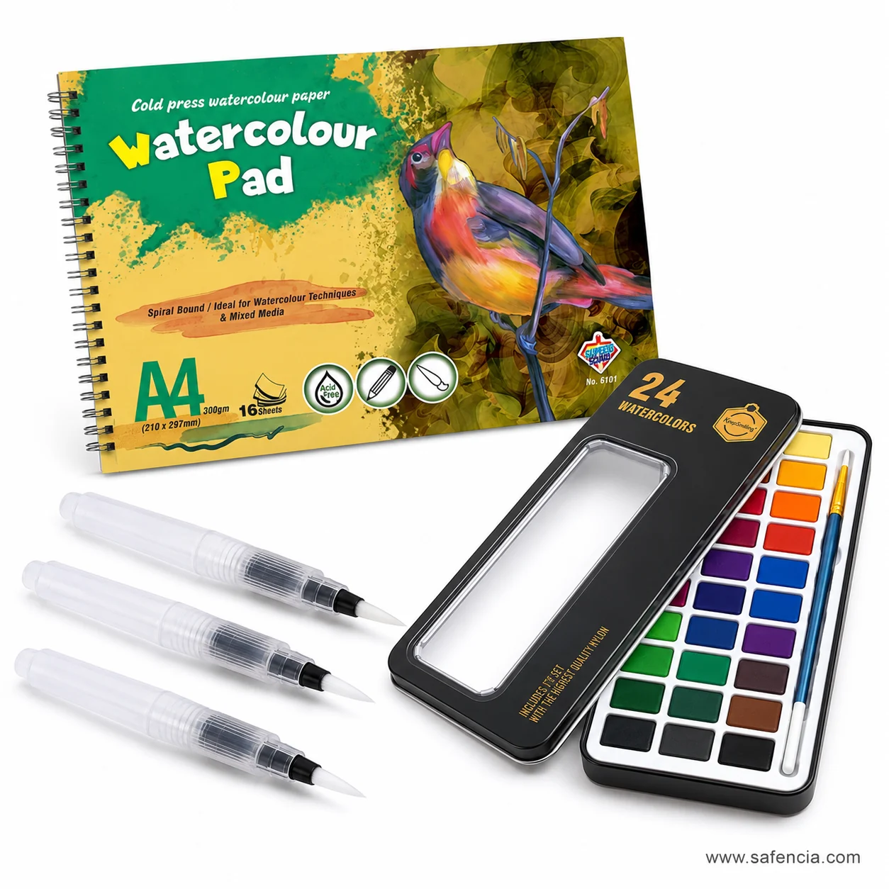 Keep Smiling Deal 38 black tin closed beside the A4 spiral bound watercolour pad and the brushes