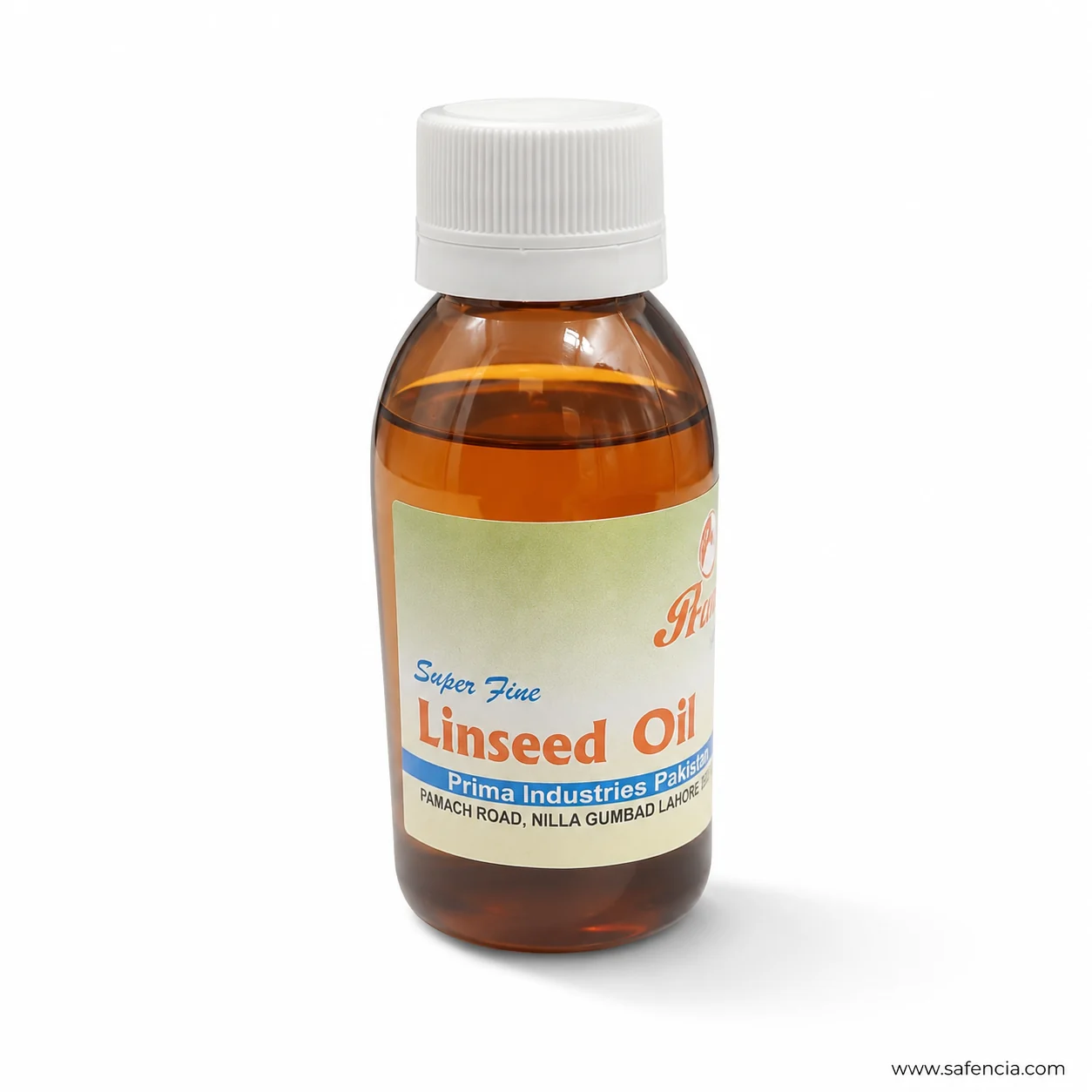 Prima linseed oil bottle turned to show the white screw cap and the depth of the amber oil