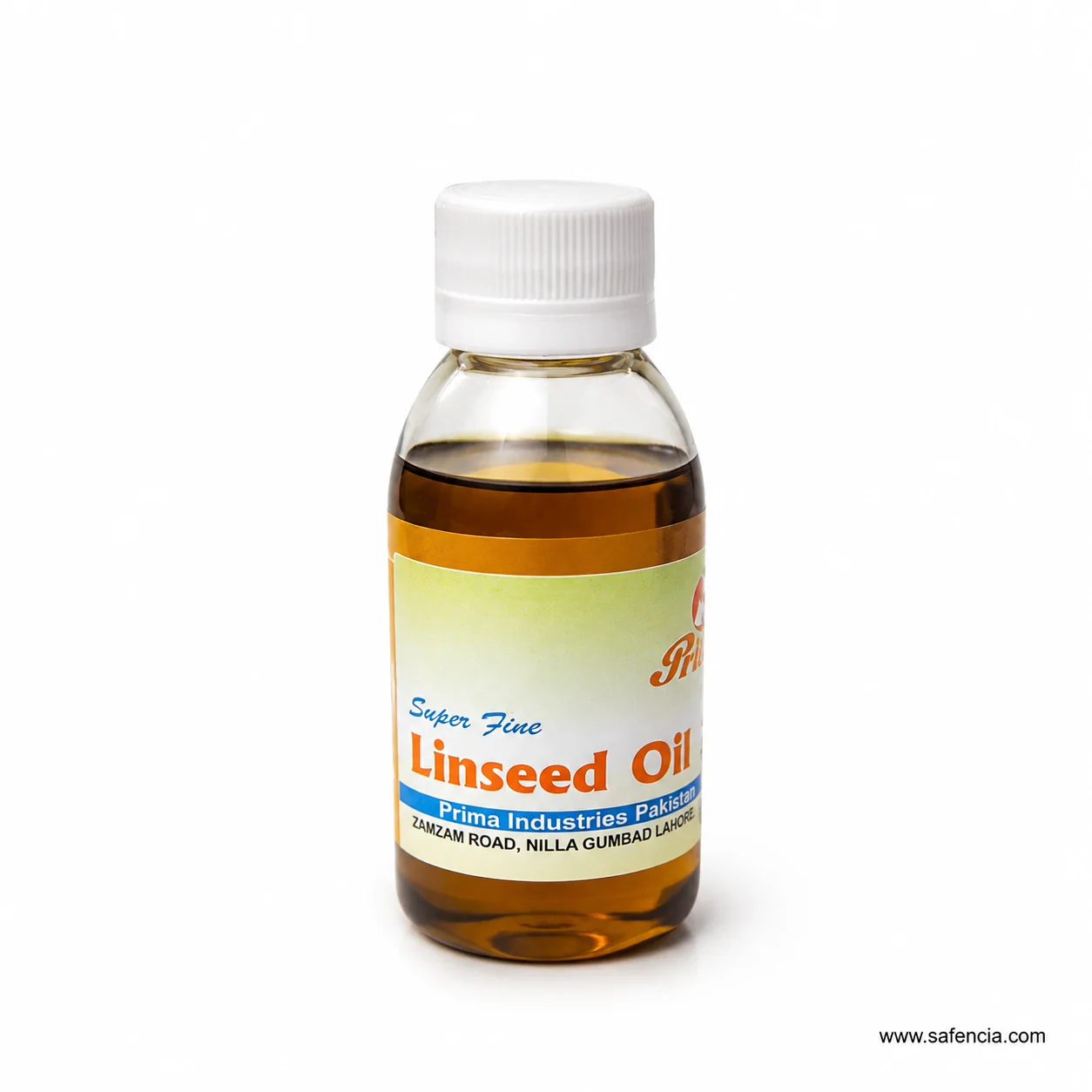Prima linseed oil bottle showing a differently printed address line beneath the brand band
