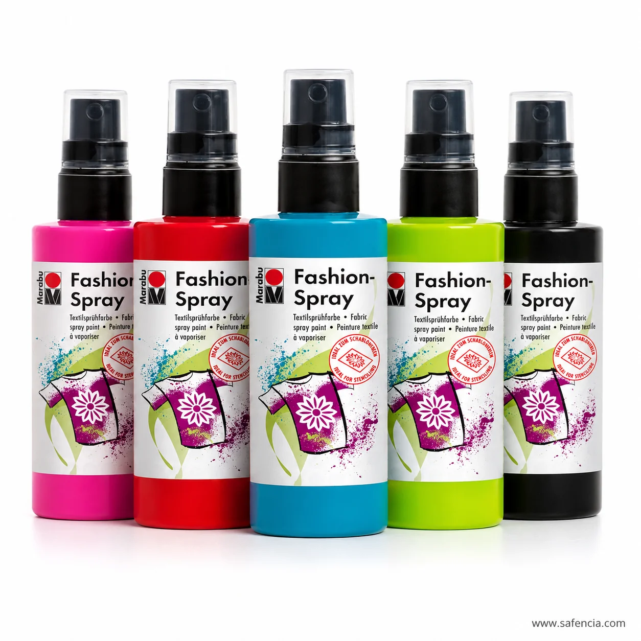 Five Marabu Fashion-Spray bottles lined up in pink, red, turquoise, lime green and black