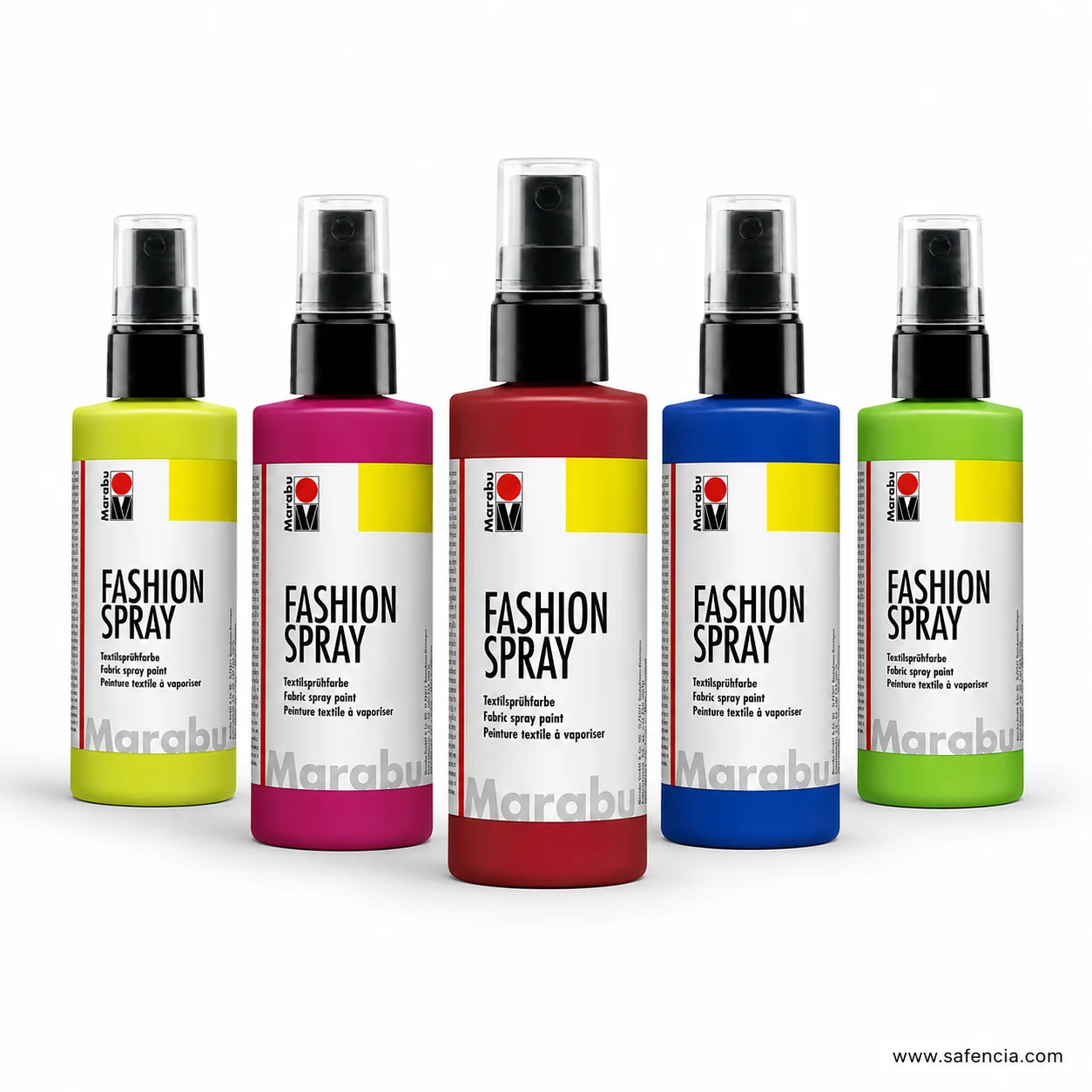 Five Marabu Fashion-Spray bottles in lime, magenta, deep burgundy, royal blue and mid green