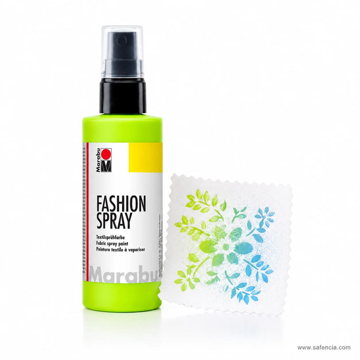 Marabu Fashion-Spray lime bottle beside a swatch stencilled with sprayed leaves in green and blue