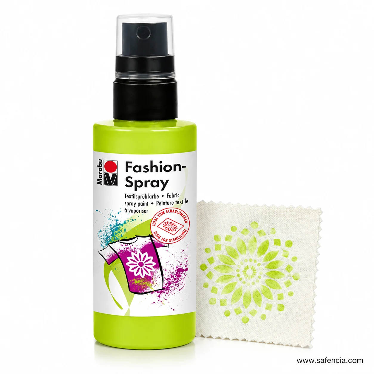 Marabu Fashion-Spray lime green bottle beside a cloth swatch stencilled with a sprayed flower motif