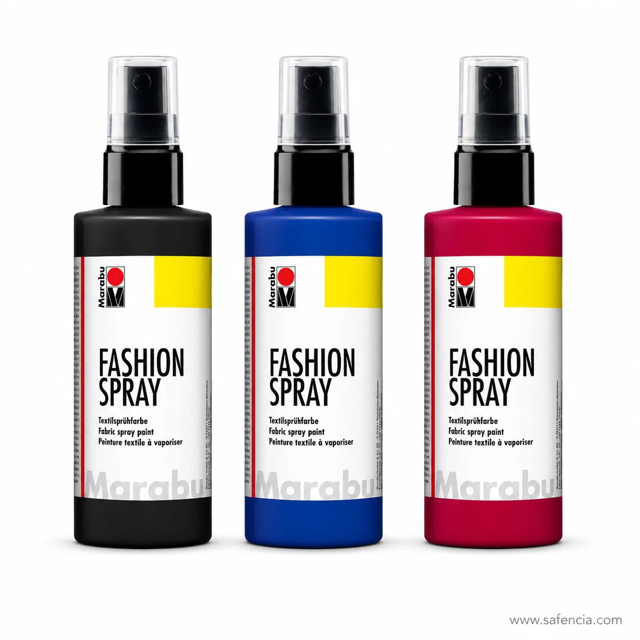 Three Marabu Fashion-Spray bottles in black, royal blue and bright red standing side by side