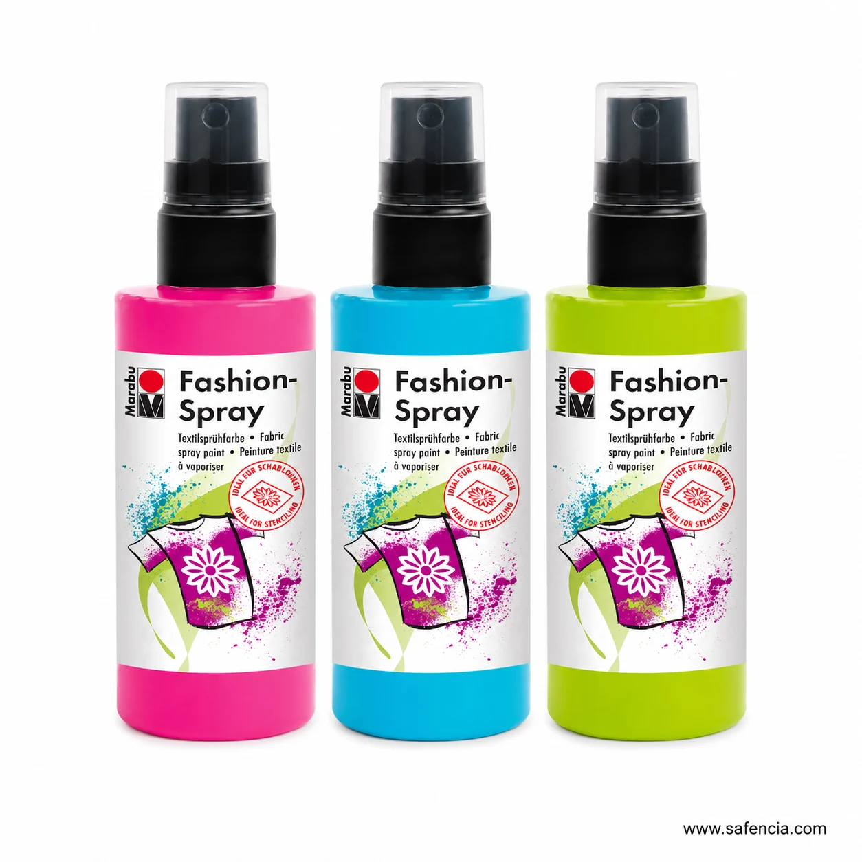 Three Marabu Fashion-Spray bottles together in pink, turquoise blue and lime green with pump heads