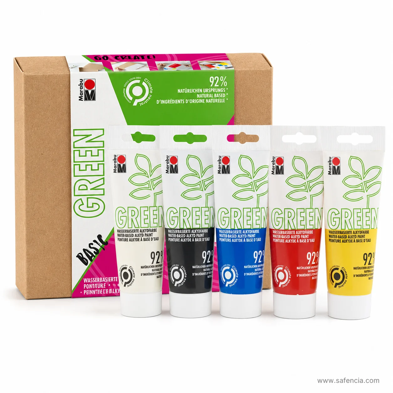 The five Marabu GREEN alkyd tubes standing in a row in off-white, black, blue, red and yellow
