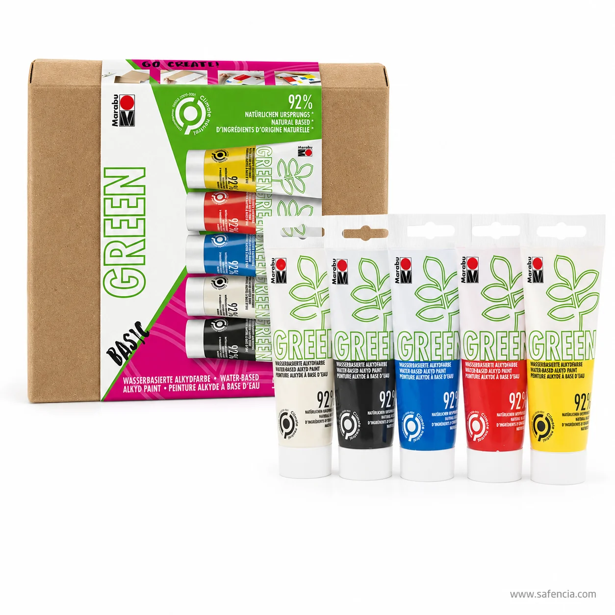 Front of the Marabu GREEN Basic sleeve printed 92% natural based with the five alkyd tubes