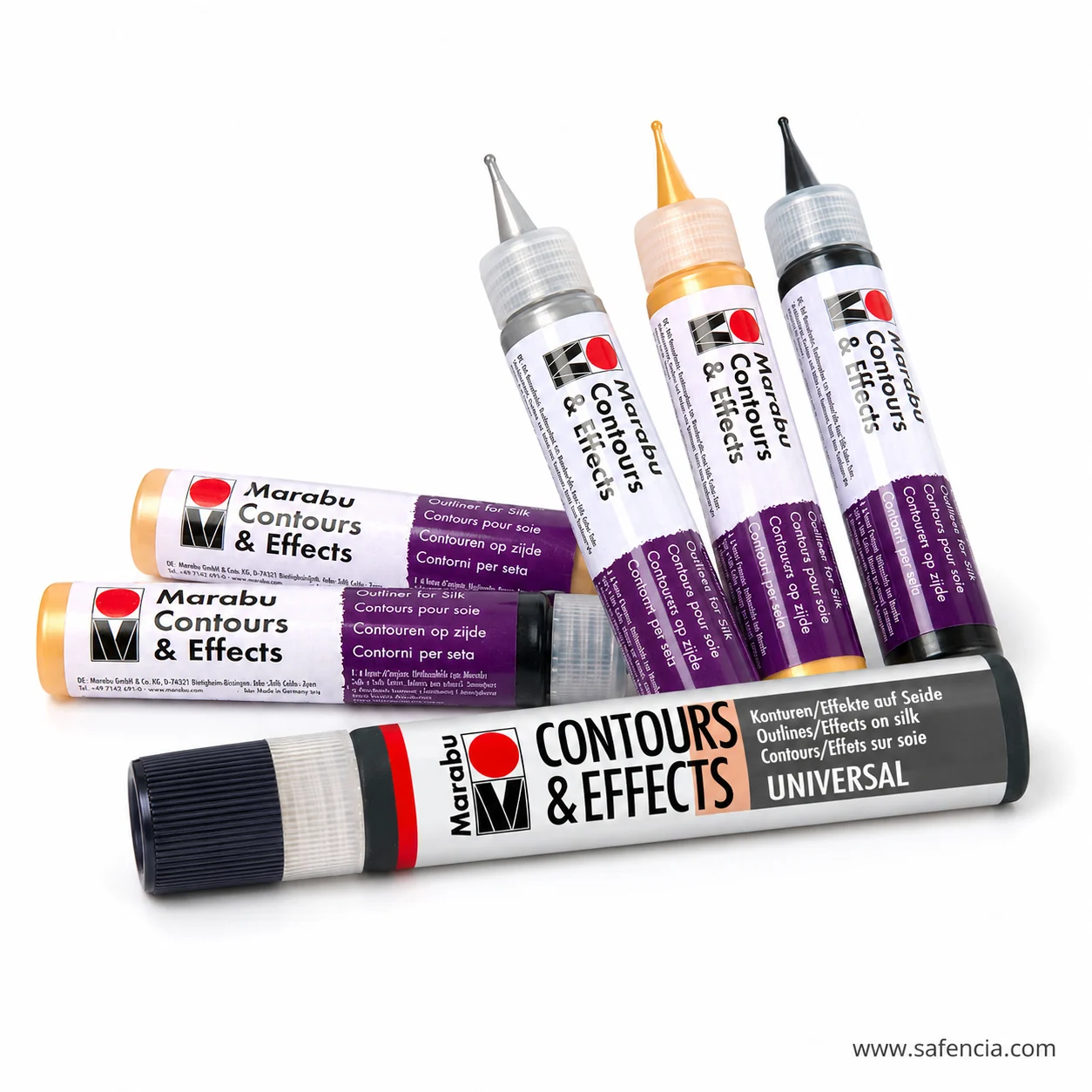 Marabu Contours & Effects tubes lying beside the black display box printed Outlines Effects on silk