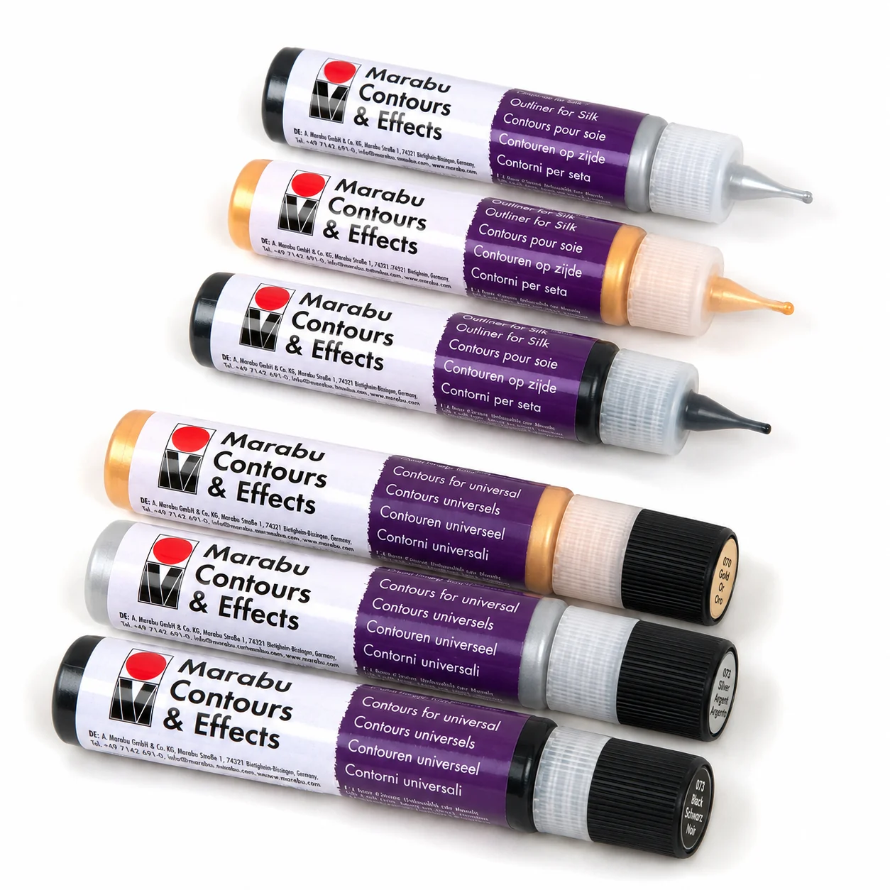 Marabu Contours & Effects tubes with the grey universal label reading Contours for universal