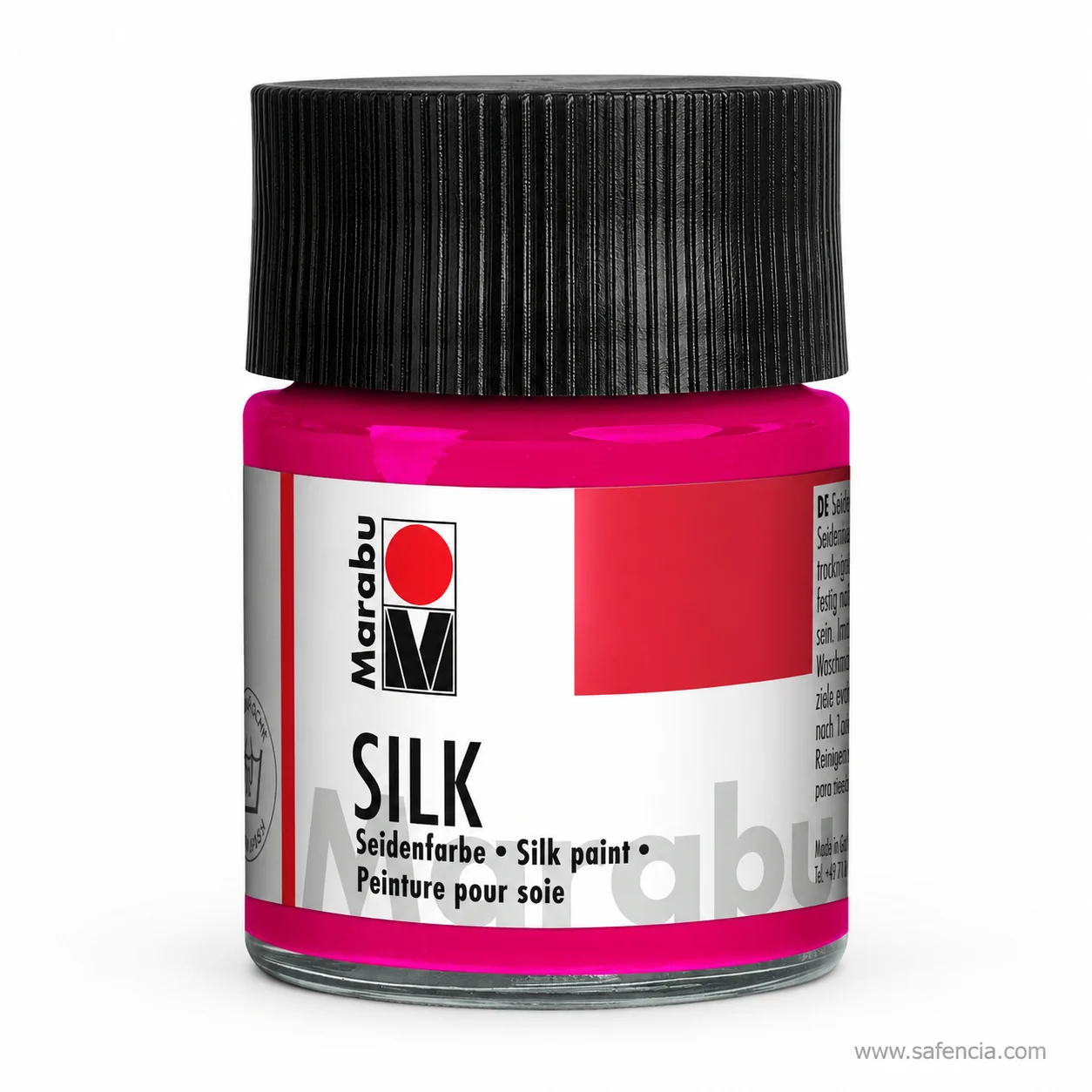 Marabu SILK silk paint jar in cerise with the black ribbed screw cap and Seidenfarbe label
