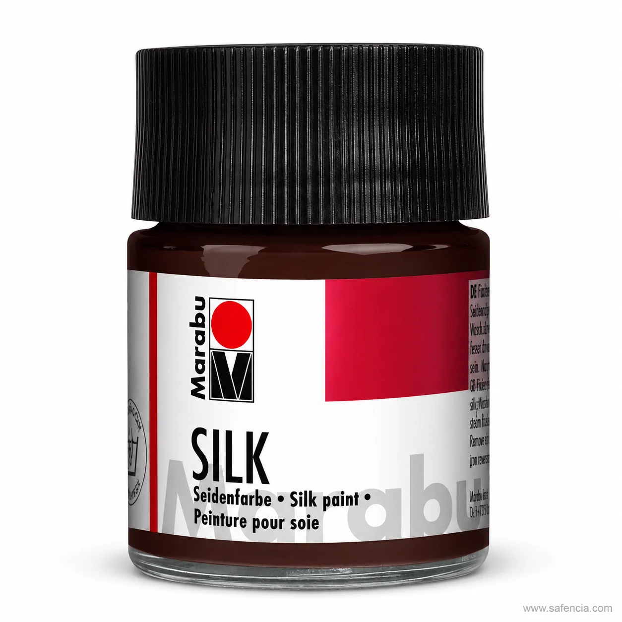 Marabu SILK silk paint jar in dark brown with the black ribbed screw cap and Seidenfarbe label