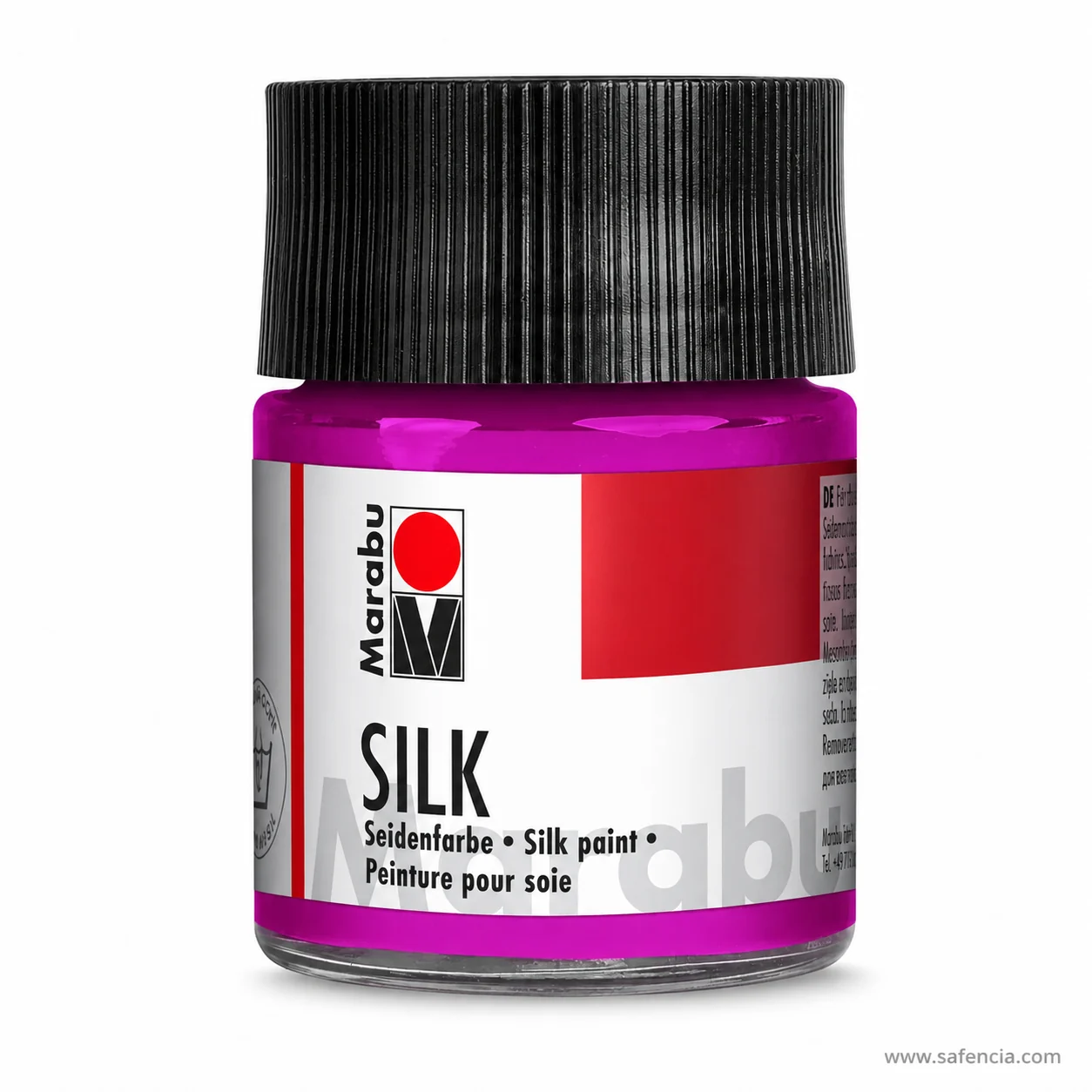 Marabu SILK silk paint jar in fuchsia with the black ribbed screw cap and Seidenfarbe label