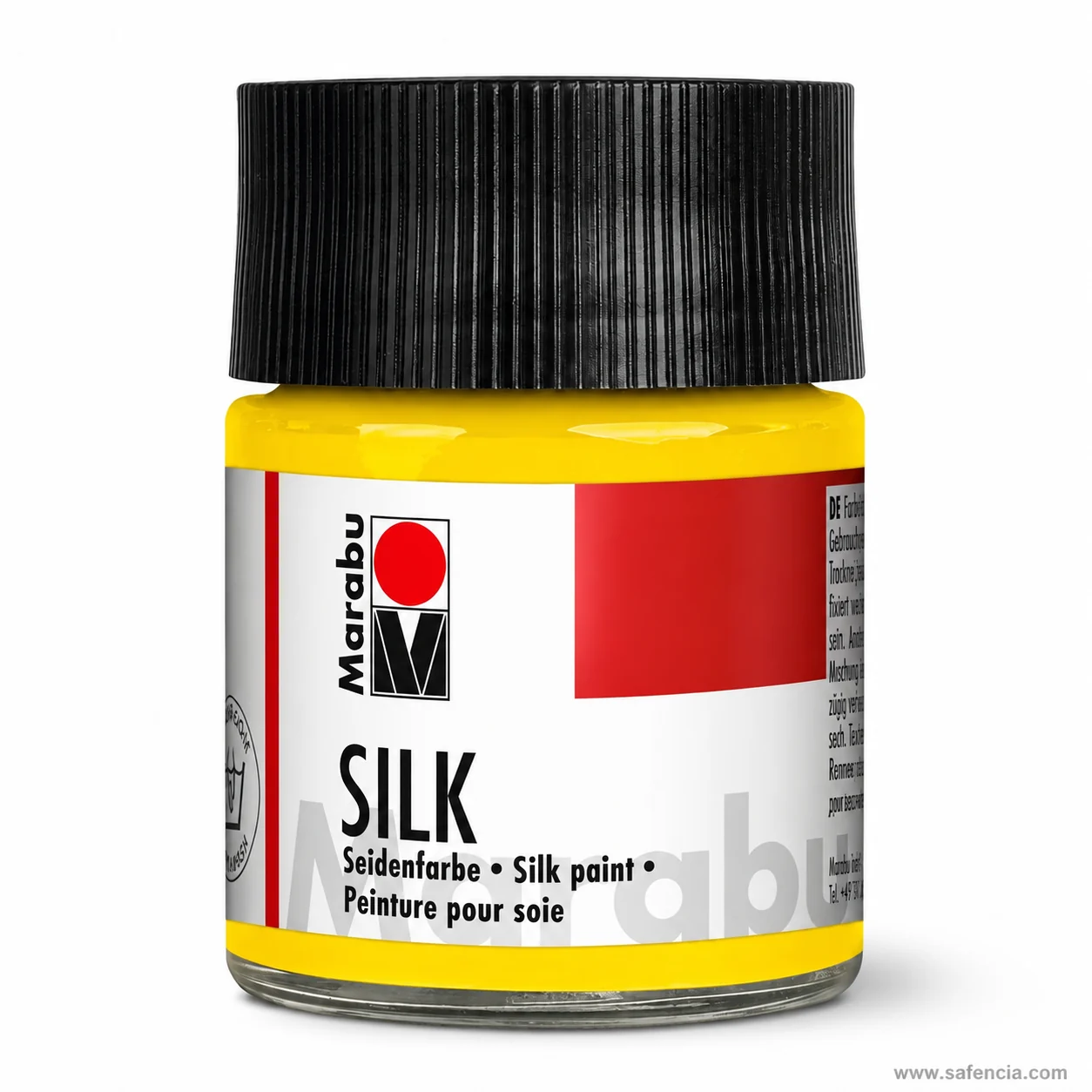 Marabu SILK silk paint jar in golden yellow with the black ribbed screw cap and Seidenfarbe label
