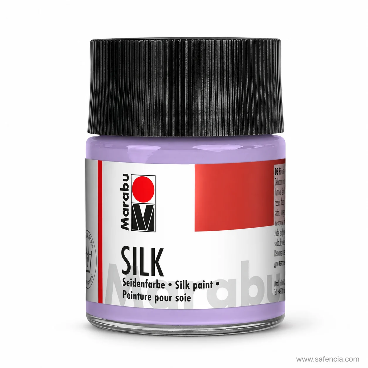 Marabu SILK silk paint jar in lavender with the black ribbed screw cap and Seidenfarbe label