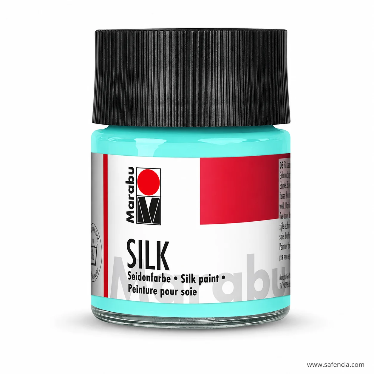 Marabu SILK silk paint jar in light turquoise with the black ribbed screw cap and Seidenfarbe label