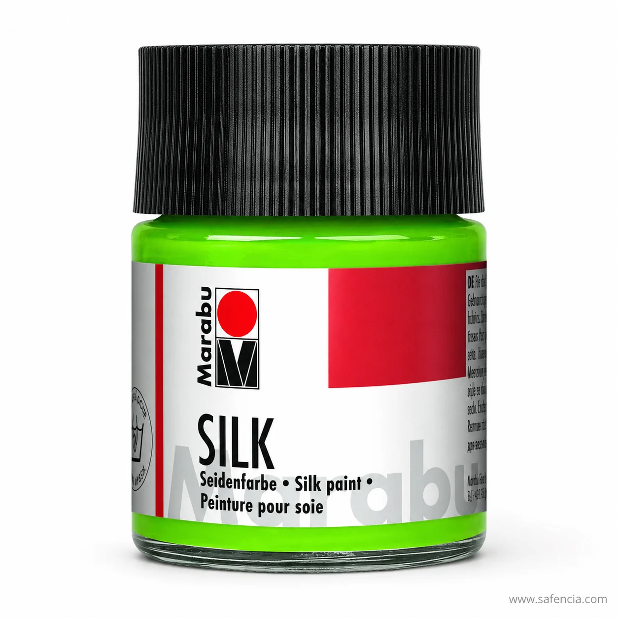 Marabu SILK silk paint jar in lime green with the black ribbed screw cap and Seidenfarbe label