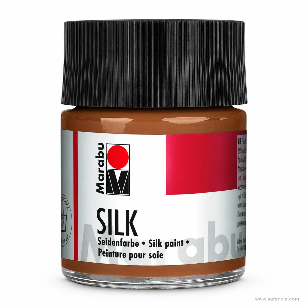Marabu SILK silk paint jar in mid brown with the black ribbed screw cap and Seidenfarbe label