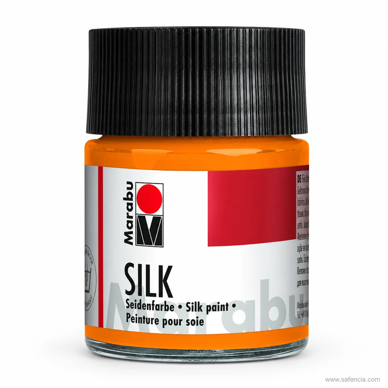 Marabu SILK silk paint jar in orange with the black ribbed screw cap and Seidenfarbe label