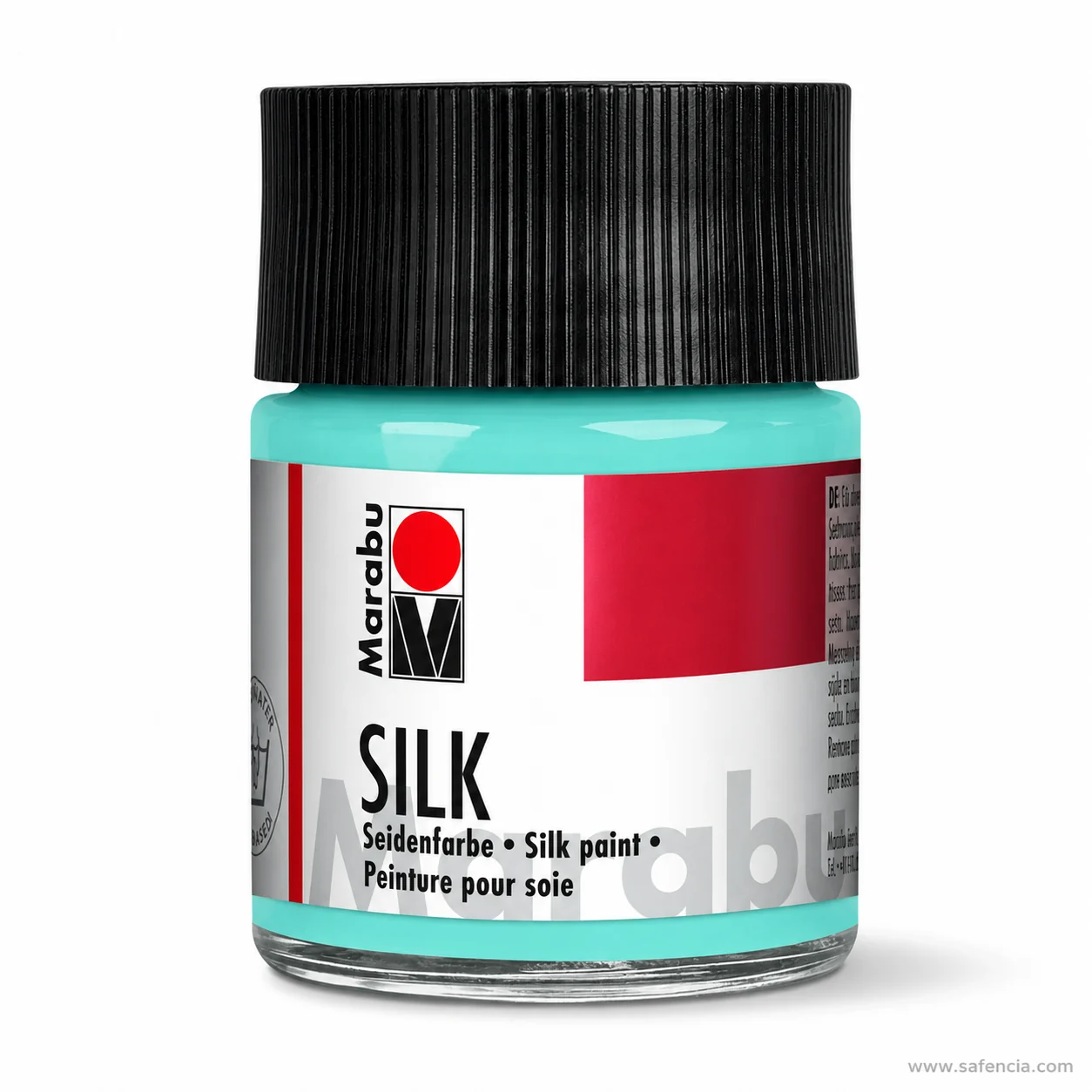 Marabu SILK silk paint jar in pale turquoise with the black ribbed screw cap and Seidenfarbe label