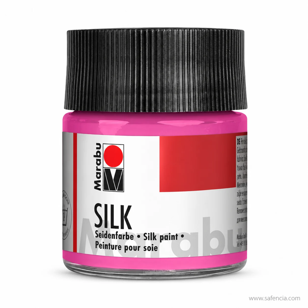 Marabu SILK silk paint jar in rose pink with the black ribbed screw cap and Seidenfarbe label