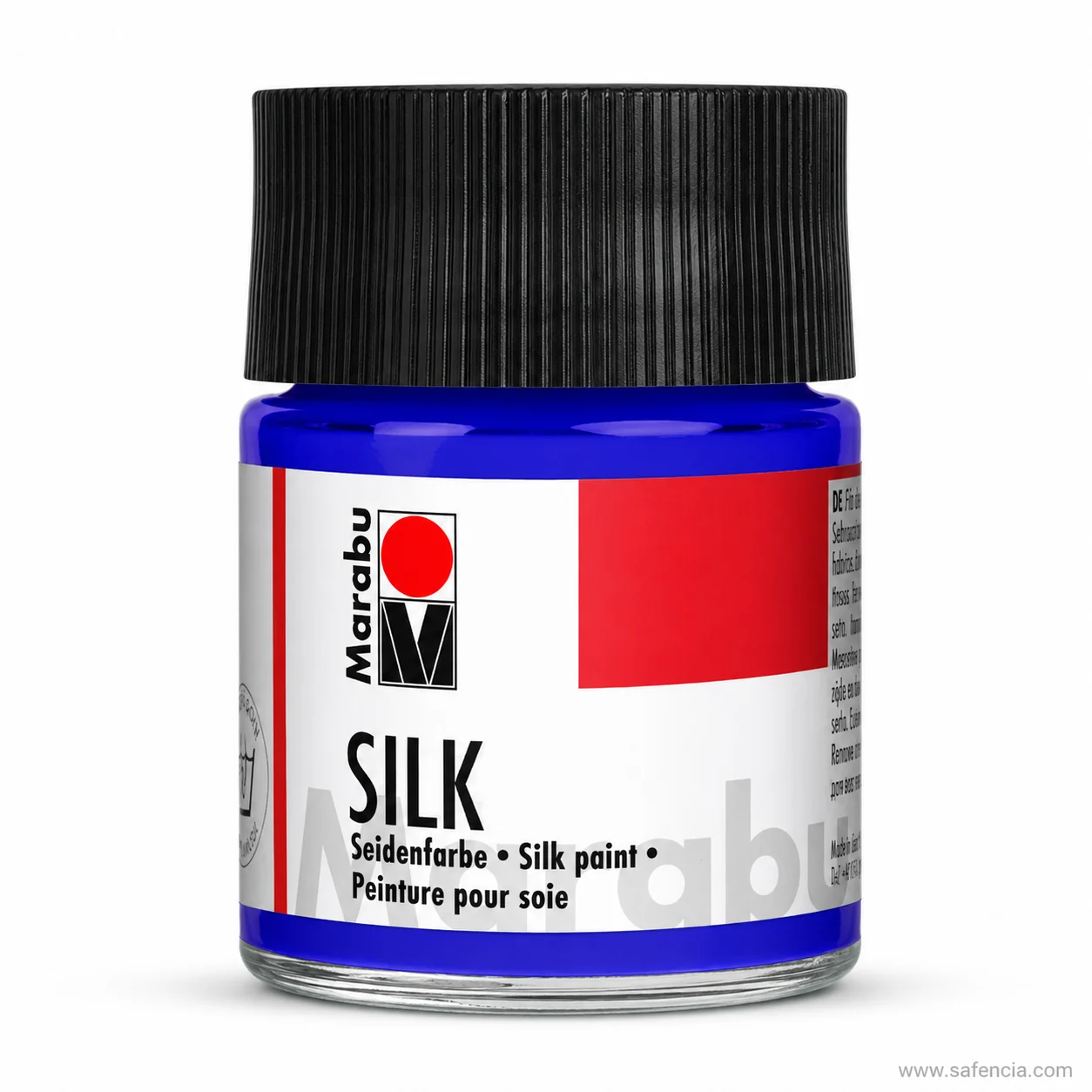 Marabu SILK silk paint jar in royal blue with the black ribbed screw cap and Seidenfarbe label