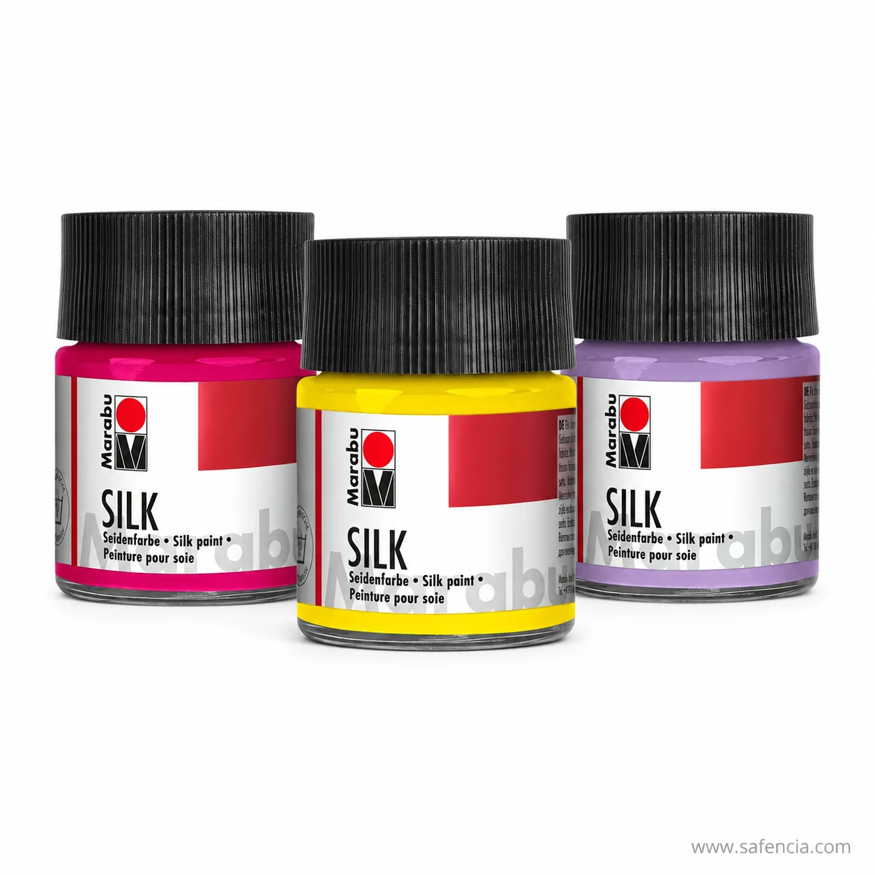 Three Marabu SILK paint jars together in pink, yellow and lilac showing the jar format of the range
